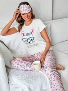 RueChic 2pcs Loungewear Set + Eye Mask, Fashion Suitable For Summer - White - View 1