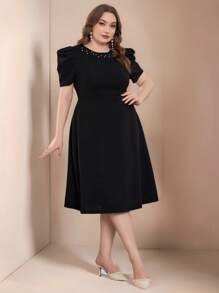 EMERY ROSE Plus Size Pearl Decorated Puff Sleeve Round Neck Dress Maxi Women Outfit - Black - View 5