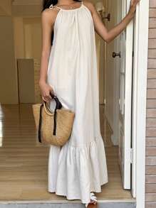 SHEIN EZwear 女式纯色荷叶边下摆吊带连衣裙 - 杏色 - 查看 6