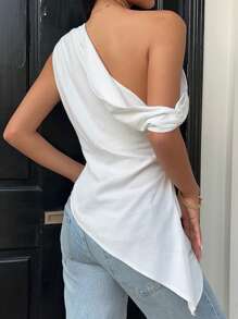 SHEIN EZwear Women's White Casual Top: Asymmetrical Neck, One Cap Sleeve, And Ruched Detailing For A Chic Look - White - View 2