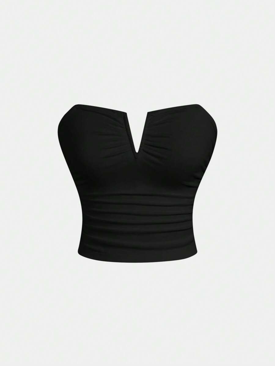 SHEIN MOD Women's Solid Color Black Tube Top Date Night Bachelor Party Cocktail Party Back To School Season Concert Clothing Rave Party Clothing