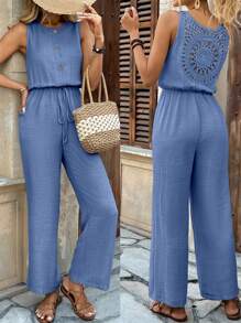 Breezaya Casual Vacation Khaki Backless Romper With Ruffle Trim