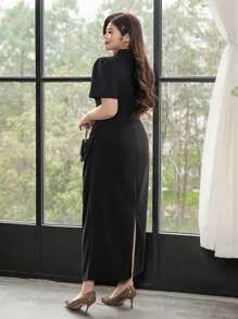 Dazy Plus Contrast Lace Hollow Out Mid-Long Black Dress With Short Sleeves - Black - View 2