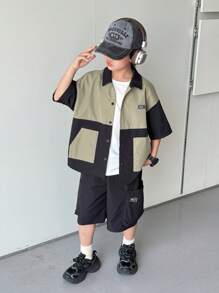 2pcs/Set Tween Boys' Casual Korean Style Comfortable Letter Embroidered Contrast Color Splicing Lapel Open Front Loose Shirt And Loose Woven Shorts Set - Multicolor - View 1