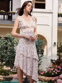 SHEIN LUNE Woven Ditsy Floral Vacation Bowknot V-Neck Ruffle Hem Dress - White - View 4