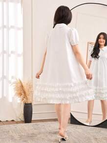 SHEIN Teen Girl Loose Casual Minimalist Collared Puff Sleeve Ruffle Detail Dress - White - View 2