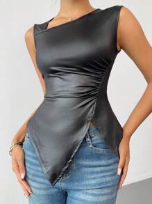 SHEIN Unity Women's Elegant Solid Color Sleeveless Square Neck Fitted Asymmetric Hem Top - Black - View 1