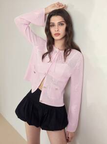 MOTF STUDIO POINTELLE KNIT BUTTON UP CARDIGAN - Pink - View 1
