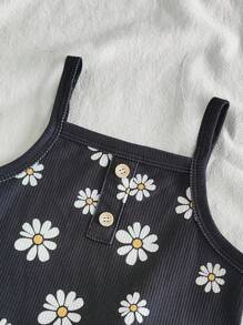 SHEIN Babygirl 两件套：可爱碎花吊带背心和松紧腰短裤，休闲简约风格，适合居家和户外，春季 - 彩色 - 查看 3