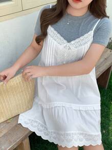 Dazy Plus Contrast Lace A-Line Long Casual Summer Tank Tops & Cami For Teen Girls,Ruffle