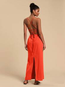 Travachic Váy suông hở lưng màu trơn đơn giản cho nữ ngày lễ - trái cam - Xem 2