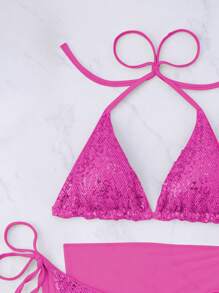 Swim Vcay 3 件套女士夏季沙滩装：亮片比基尼上衣、高腰系带下装、纯色网眼纱笼