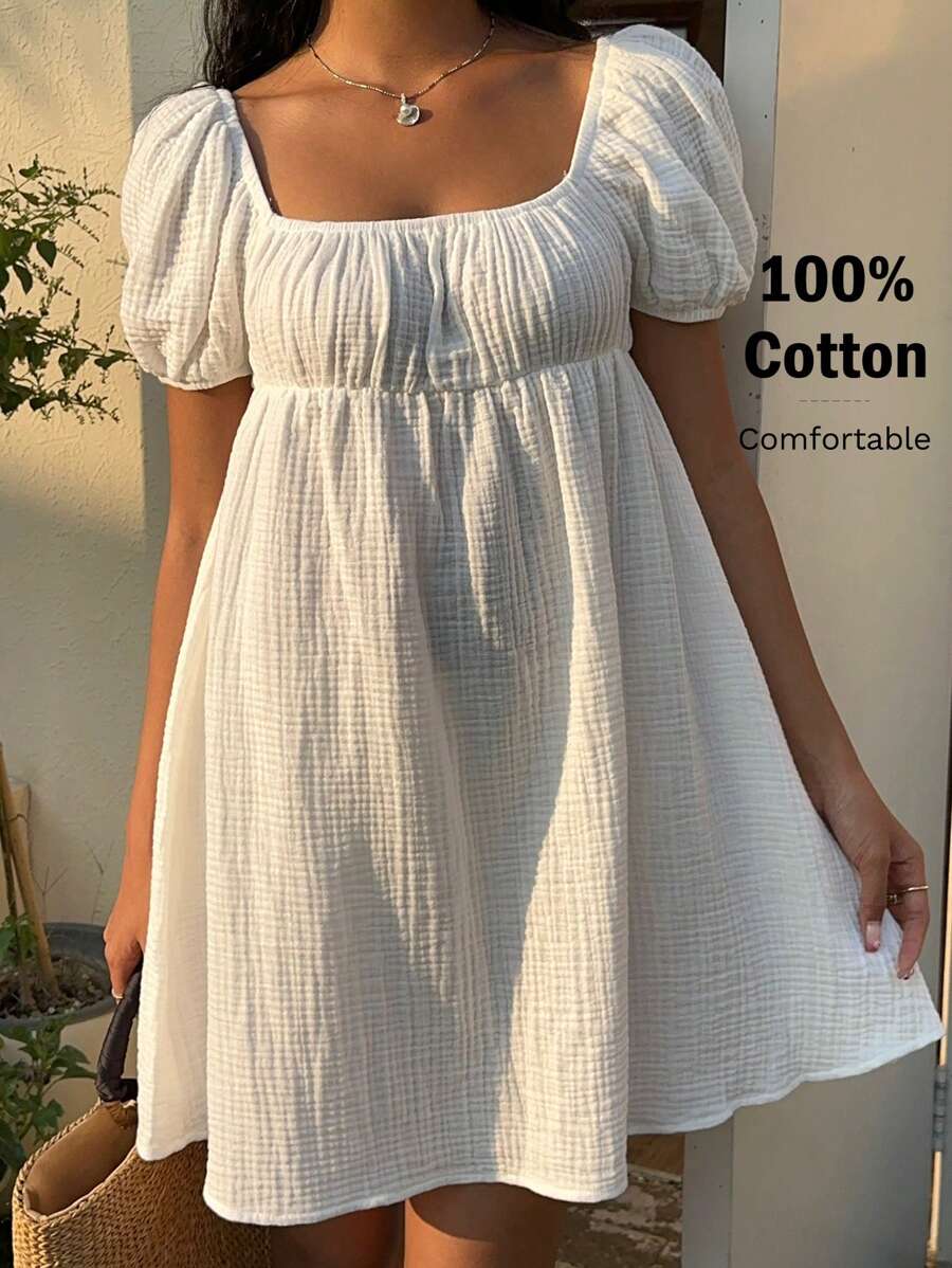 MainGRL Váy ngắn chữ A cổ vuông tay bồng màu trắng cho kỳ nghỉ hè giản dị - trắng - Xem 1