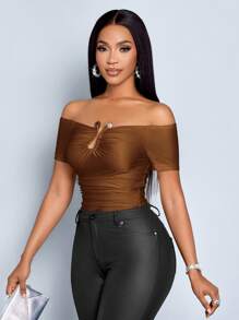 SOLERSUN Damen einfarbiges Off-Shoulder Slim Fit T-Shirt mit kurzen Ärmeln und Raffungen