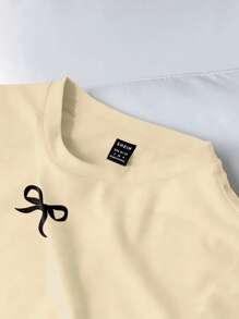 SHEIN EZwear Casual Minimalist Apricot Bow Decor Round Neck Short Sleeve Cropped T-Shirt For Women, Suitable For Summer Suitable For Going Out - Khaki - View 5