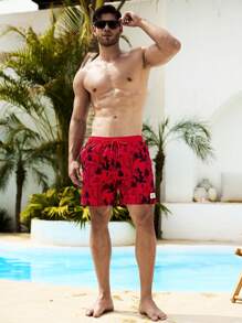 Surfspeed Men's Plant Print Drawstring Waist Beach Shorts - Red - View 7