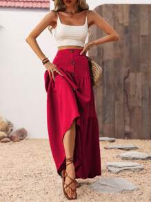 Breezaya Solid Color Front Button Maxi Skirt Vacation Beach Fall Cloth For Women - Red - View 6