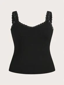 SHEIN Essnce 大码女装镂空服装感恩节女装秋冬时尚休闲通勤撞色蕾丝黑、白、灰三件套吊带背心外出上衣海滩万圣节 - 粉色 - 查看 4
