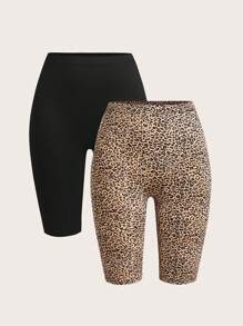 SHEIN EZwear 2pcs Leopard Print Knit Fitted Women Short Leggings, Suitable For Summer - Multicolor - View 1