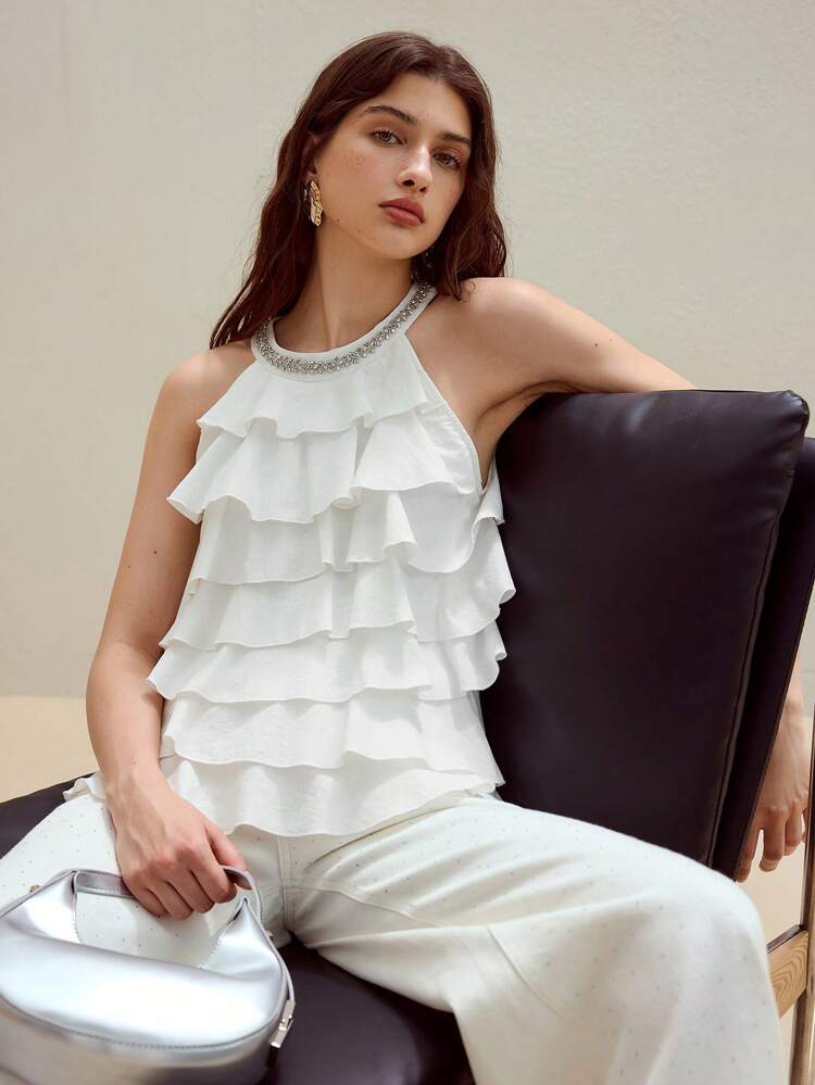 MOTF STUDIO RUFFLE TIERED LAYER HALTER TOP