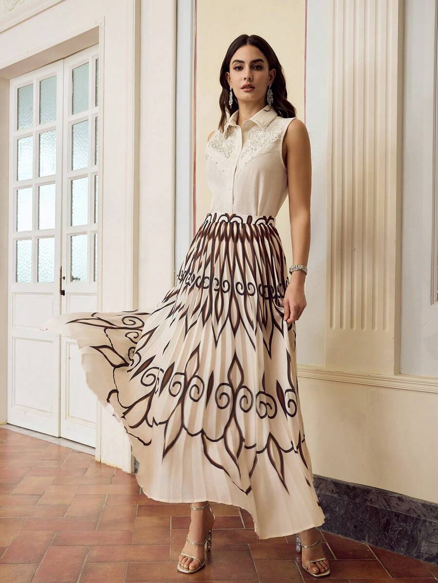 ZEYLAH Falda plisada con estampado geométrico elegante para mujer - Multicolor - Ver 1