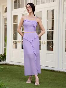 SHEIN LUNE Women 2pcs Set Chiffon Cami Top With Frill Trim & Slit Design, Casual Elegant - Purple - View 5