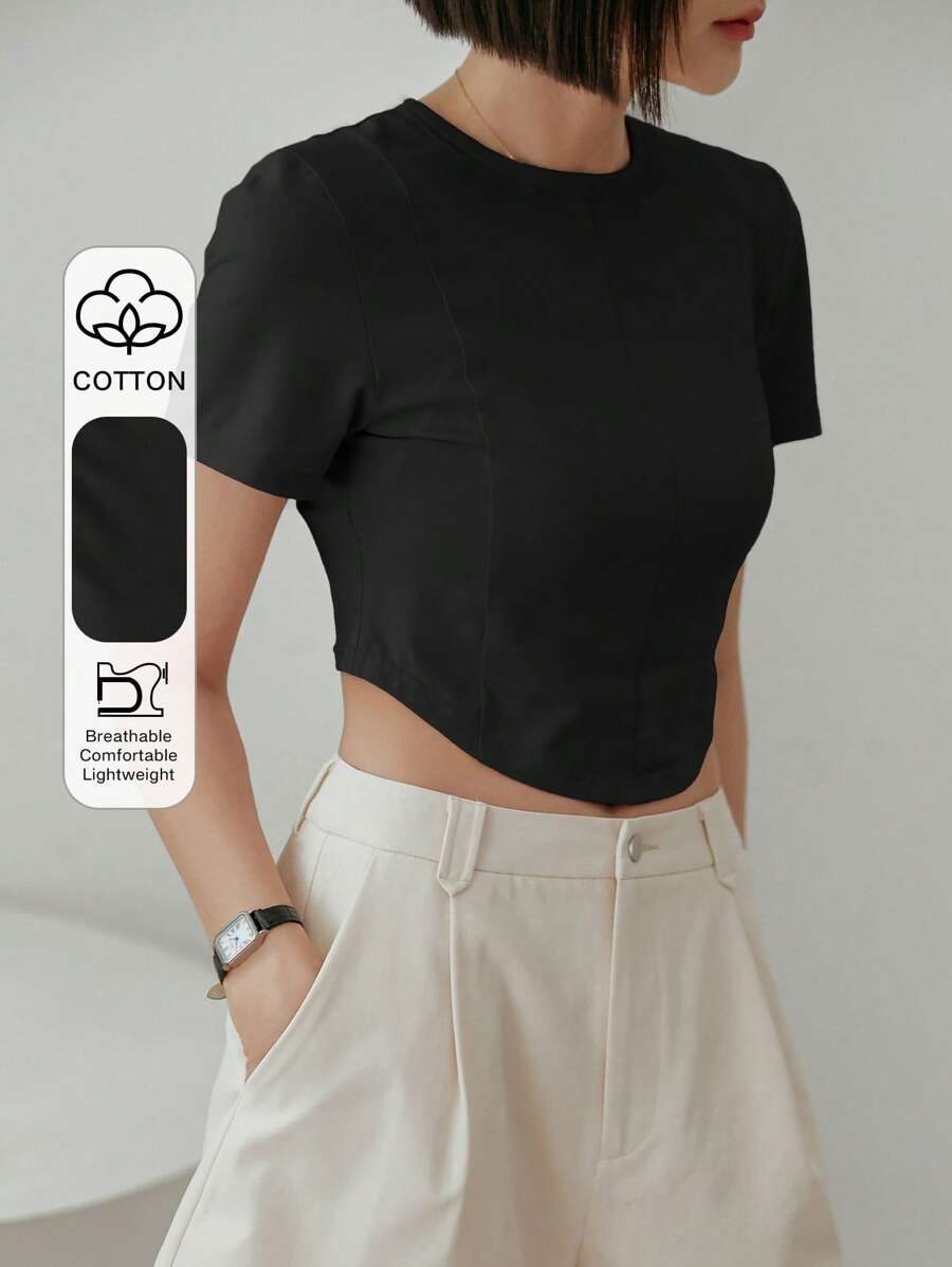 DAZY Slim Fit Patchwork Design Women's Short Sleeve T-Shirt, Summer,Crop Tops Women - Black - View 1