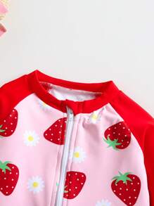 SHEIN Baby Girl Strawberry Print Raglan Sleeve One-Piece Rash Guard With Shorts - Multicolor - View 5