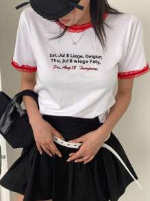 DAZY T-shirt à manches courtes pour femmes avec empiècement en dentelle et imprimé lettres, blanc, printemps/été, T-shirts graphiques