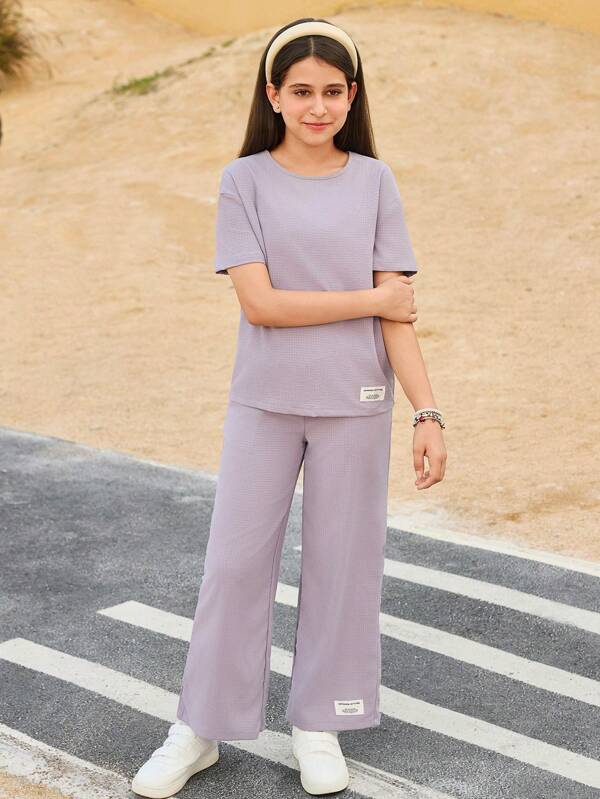 SHEIN Tween Girl Solid Color Loose Round Neck T-Shirt And Wide-Leg Pants Casual Two Pieces Set
