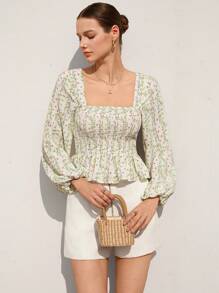 Aveloria Rosie New Arrival Spring/Summer Fresh Ditsy Floral Square Collar Shirred Design Striped Puff Sleeve Cute Ruffle Hem Waist Tied Versatile Women Blouse Boho Vacation Fashionable Style All Over Print - Multicolor - View 5