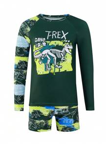 SHEIN Tween Tween Boys' Printed Two Pieces Swimwear, This Tween Boys' Swimwear Features A Unique And Eye-Catching Dinosaur Print Design On A Blue Background, Showcasing An Adventurous Spirit. The Soft And Comfortable Material Is Suitable For Various Water Activities. The Long Sleeve Design Can Effectively Block The Sun And Protect Delicate Skin. This 2025 New Swimming Suit Is Perfect For Young Tween Boys Who Love Swimming, Making Them More Confident In The Water. - Multicolor - View 3
