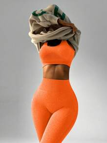 Gameset SHEIN Sport Women Solid Color Sleeveless Casual Crop Top And Pants Sportswear Set Women Leggings Set Workout Women Sets - Orange - View 6