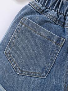 Young Girl' Cute Bow Decor Denim Shorts - Light Wash - View 7