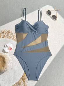 SHEIN Swim 1pc Women's Mesh Patchwork Swimsuit With Push Up And Underwire For Summer Beach Vacation - Light Grey - View 5