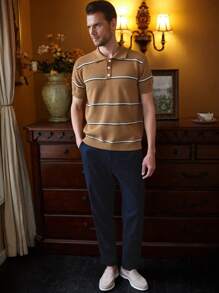 Manfinity Homme 男士条纹短袖休闲 Polo 针织毛衣 - 亮橙色 - 查看 3