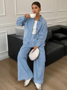 DAZY Women Solid Color Shirt Top & Jeans Trousers Set,Fall Clothes - Light Wash - View 4