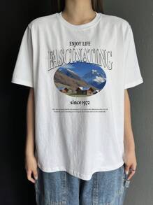 DAZY Camiseta blanca de mujer con cuello redondo y manga corta, estampado gráfico, camiseta oversize para primavera/verano