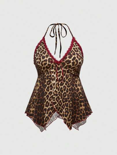 Grunge Punk Summer Tops Y2K Vintage V-Neck Lace Patchwork Asymmetric Hem Leopard Print Plus Size Women Camisole