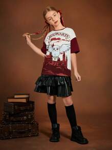 HARRY POTTER X SHEIN Tween Girl Owl Castle Print Red And White Casual Short Sleeve T-Shirt - Burgundy - View 5