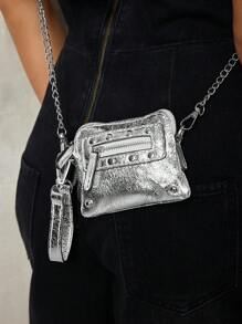 SHECARRY Women's Fashionable Personalized Street Style Edgy Y2K Versatile Mini Bag, Can Be Worn As Shoulder/Handbag/Clutch, 2000s Fashion Style Bag For Women - Bright silver - View 2