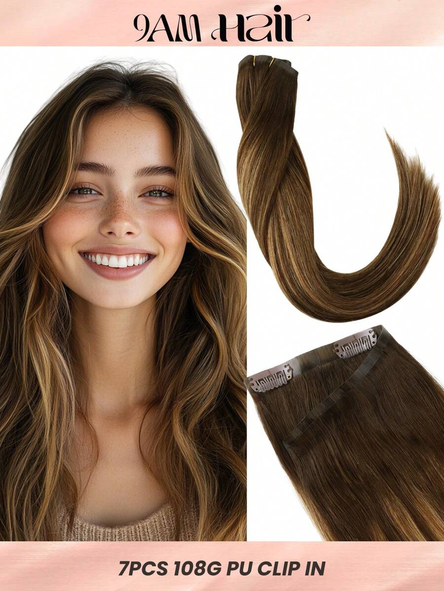 Seamless Clip Ins 7 قطع من وصلات الشعر البشري المصنوعة من مادة البولي يوريثين بدون درزات، شعر بشري حقيقي بنسبة 100%، 14-22 بوصة، وصلات شعر ريمي بلون أشقر متدرج، 110 جرام مع مشبك - س4/27/4 - مشاهدة 1