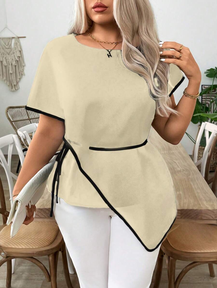 SHEIN LUNE 大码时尚不对称拼接设计收腰隐肚撞色边休闲垂坠衬衫