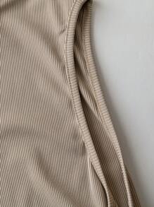 Calvaya 2 pezzi Set di donna casual di taglia grande con top a costine color albicocca con colletto alto e arricciature e pantaloni slim fit color marrone
