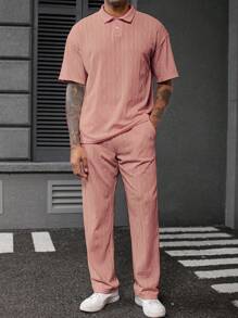 Manfinity Homme Men's Knitted Textured Polo Shirt & Shorts Set, Beige - Pink - View 5