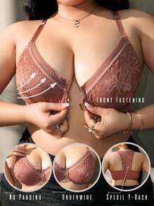 SHEIN 1pc Plus Size Women Lace Front Closure Lingerie Bra