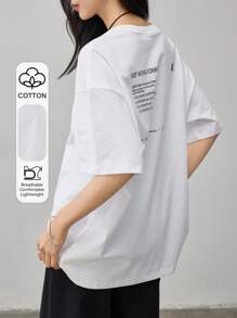 Dazy-Less 女士宽松简约圆领休闲字母印花T恤，街头风格商务休闲，夏季复古风超大T恤