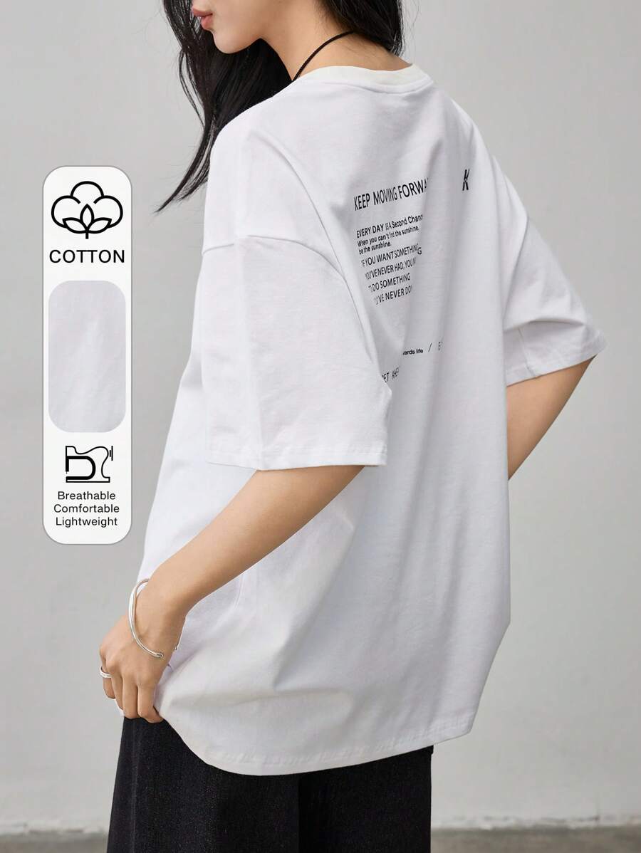 Dazy-Less 女士宽松简约圆领休闲字母印花T恤，街头风格商务休闲，夏季复古风超大T恤