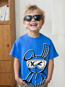 SHEIN Young Boys' Casual Cute Cartoon Rabbit Print Short Sleeve T-Shirt, Versatile For Spring And Summer - Blue - View 1