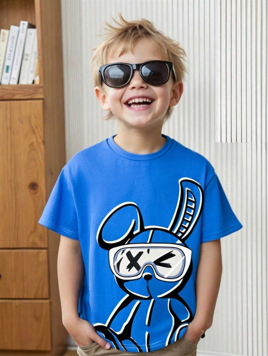 SHEIN Young Boys' Casual Cute Cartoon Rabbit Print Short Sleeve T-Shirt, Versatile For Spring And Summer - Blue - View 1